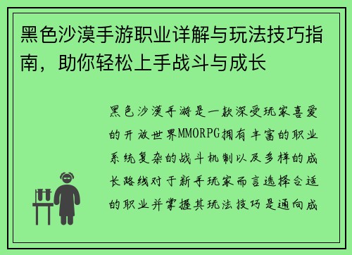 黑色沙漠手游职业详解与玩法技巧指南，助你轻松上手战斗与成长